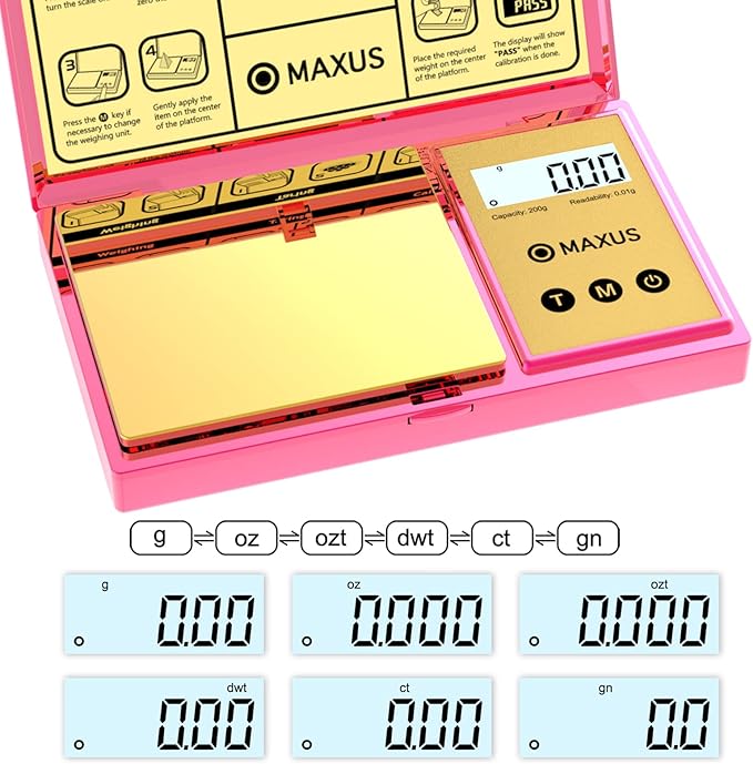 MAXUS Digital Gram Scale with 200g x 0.01g Capacity, Stylish Pink Plated Shining Cover and Platform, Mini Pocket Scale for Food and Jewelry