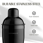 Modern Mixology 21-Piece Cocktail Shaker Set with Stand | Complete Cocktail Kit Gift Set | Top Bartender Gifts for Men & Women | Portable Bar Tools (Black, Brown Stand)