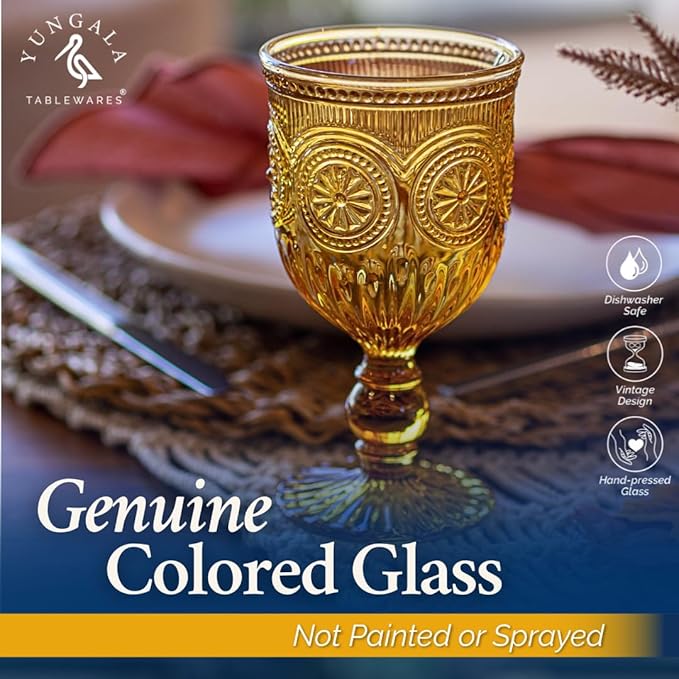 Yungala Amber Wine Glasses Set of 6 Vintage Hobnail Goblets 10 oz