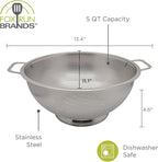 Fox Run Large Stainless Steel Colander, 5 Quart Pasta Strainer With Handles, 11” x 13.5” x 5”