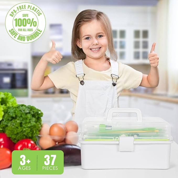 Kids Cooking Sets Real, 37PCS Kids Cooking and Baking Set with Storage Case Timer Kid Safe Knives Cutting Board, Toddler Kitchen Toys Birthday Gifts for Girls Boys Age 3 - 8