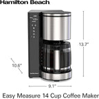 Hamilton Beach 14 Cup Programmable Coffee Maker with Easy Measure Light Up Reusable Filter, Removable 70 Oz. Water Reservoir, Black and Stainless Steel