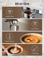 COUPLUX Espresso Machine with Grinder, 58MM Café (2026 UPGRADED) Espresso Machine with Anti-Static Grinder/Milk Steam Wand 15 Bar Espresso Coffee Machines For Home Cappuccino & Latte Stainless Steel