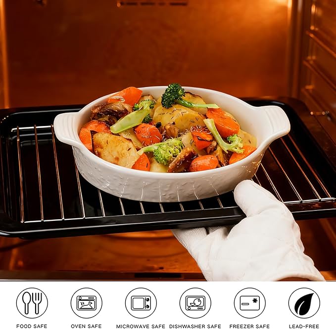 TONGDAHE Oval Au Gratin Baking Dishes Set of 4 9" x 5" 19 oz Classic white Ceramic Oven Safe & Heat Resistant With Handles for Small Mini Casseroles Cooking & Serving