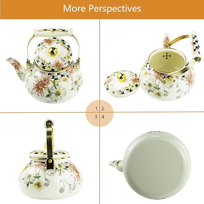 Floral Enamel Tea Kettle Bohemian Vintage Teapot Hot Water Coffee Kettle Pot 2.5L Porcelain Beige Colorful Rustic Tea Pot for Stovetop Hot Water Kitchen Decor
