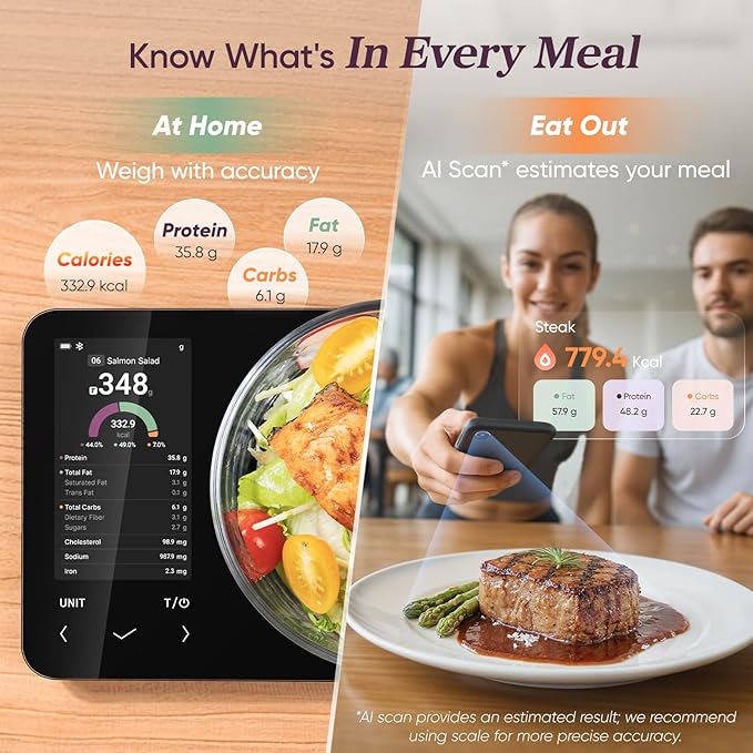 Cosori Smart Food Kitchen Scale with Nutritional Calculator, Free App for AI Scan, Calorie & Macro Tracking, Food Preload, On-Screen Nutrient Info, Personal Goals, Rechargeable, 11 lb / 5 kg