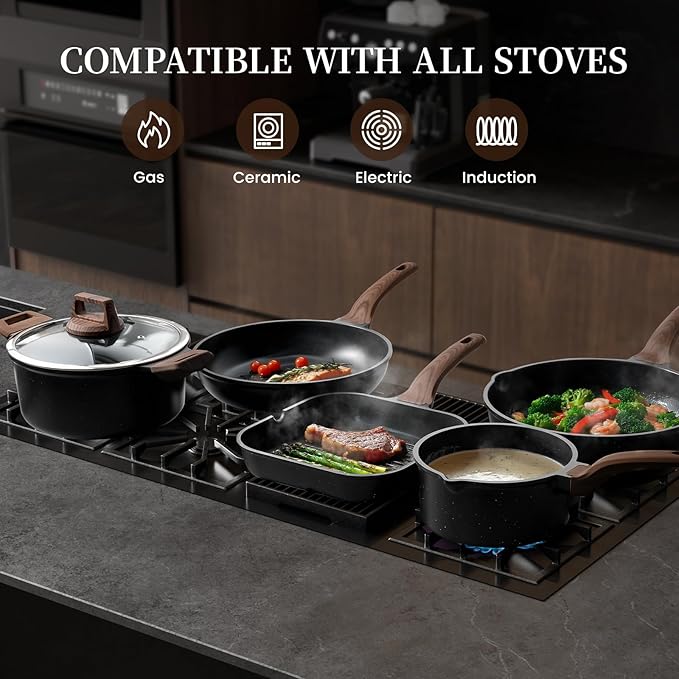 Kikcoin 16Pcs Ceramic Pots and Pans Set Non Stick, Includes a 9.5" Grill Pan, Induction Kitchen Cookware Sets, Black Nonstick RV Kitchen Camping Cooking Sets Stackable (PTFE, PFOS, PFOA Free)