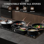Kikcoin 16Pcs Ceramic Pots and Pans Set Non Stick, Includes a 9.5" Grill Pan, Induction Kitchen Cookware Sets, Black Nonstick RV Kitchen Camping Cooking Sets Stackable (PTFE, PFOS, PFOA Free)