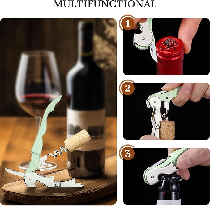 HYZ 2-Pack Wine Opener Waiter Corkscrew, Professional Wine Key for Servers, Bartender with Foil Cutter, Manual Wine Bottle Opener Double Hinged (Matcha Green)