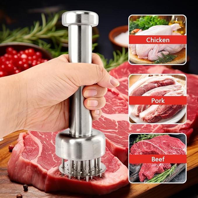 2 Pcs Stainless Steel Meat Tenderizer Tools,Meat Hammer and Meat Tenderizer Needle Meats Piercing for Tenderizing Beef Turkey Chicken and Steak(COLOR:Silver)