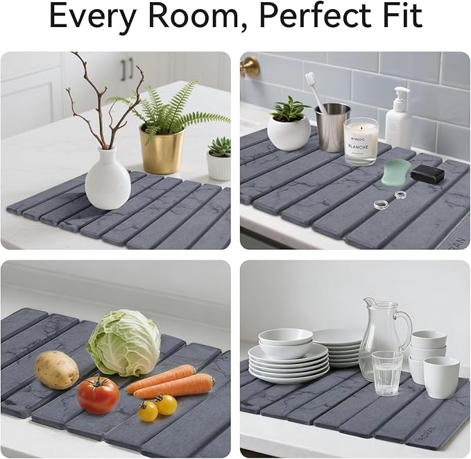 Stone Dish Drying Mat for Kitchen Counter, 24 x 16 inches, Fast Drying Collapsible Dish Drying Mat, Eco-Friendly Absorbent Diatomaceous Earth Mats for Dishes Bottles Cups (Dark Gray)