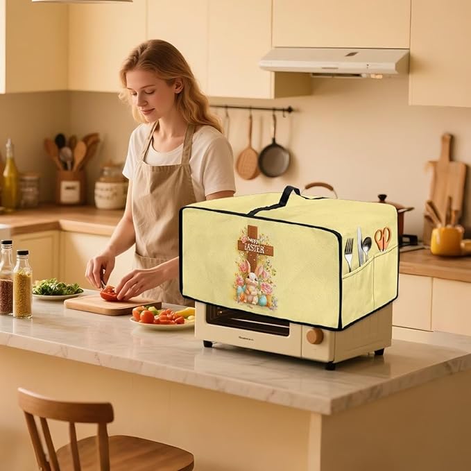 Easter Egg Bunny Cross Print Toaster Oven Cover for Kitchen Countertop Decor, Easter Kitchen Small Appliance Dust Cover Microwave Oven Protector, Yellow, (Large-18.5*22.5*12.99 inches)