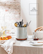 Utensil Holder, 360° Rotating Extra Large Ceramic Kitchen Utensil Holder for Countertop, 7.3" Cooking Utensil Crocks with Rotatable Wooden Base, Farmhouse Decor, Dusty Gray