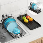 ANTOPY Sink Dish Drying Rack - Expandable Small Dish Rack Over Sinks with Silicone Drying Tray, Dish Drainer for Kitchen Counter with Cutlery Holder, Drying Rack Fit for 14’’-19’’ Kitchen Sink