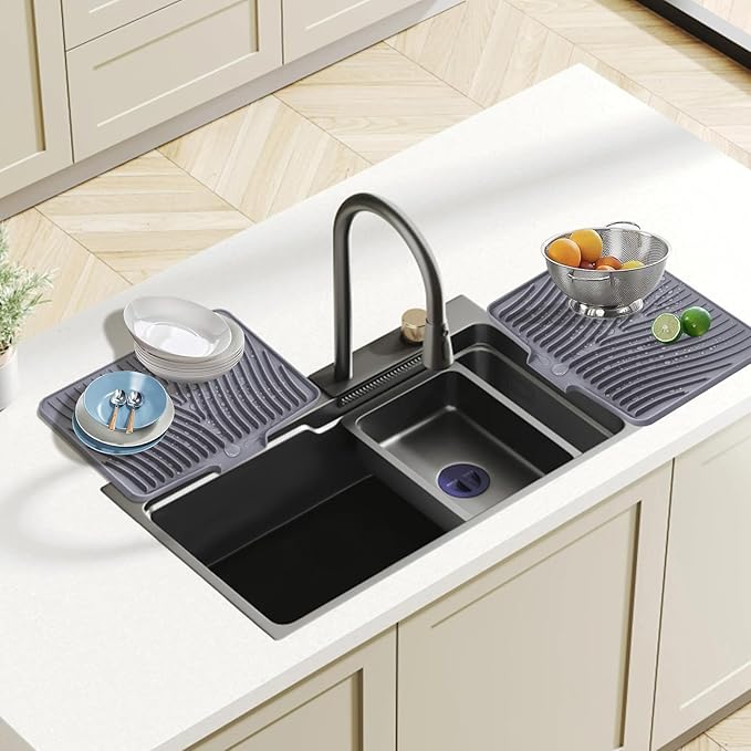 TIKNIK Silicone Dish Drying Mat, Stone Drying Mat for Kitchen Counter with Built-In Drain, Non-Slip Drain Pad with Built-in Drain, Heat Resistant Stone Drying Mat, Hangable, Grey-2pcs, 16" x 12"