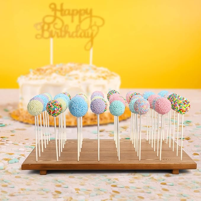 Wood Cake Pop Stand /w 300 Pcs Cake Pop Sticks and Wrappers - 48 Holes Cake Pop Holder Stand for Dessert Table- Lollipop Holder for Birthdays, Baby Shower, Weddings or Any Events.