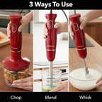 OVENTE Immersion Hand Blender Set, 300W Electric Handheld Stick Mixer, 2 Mixing Speeds with Stainless Steel Blades, Egg Whisk, Beaker & BPA-Free Food Chopper, Red HS565R