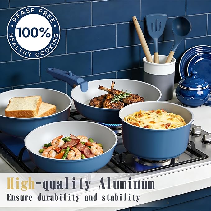 Umite Chef Pots and Pans Set Non Stick, 21 pcs Ceramic Cookware Set with Detachable Handles, Healthy Induction Cookware Oven Safe RV Kitchen Cooking Set with Utensils, PFAS PFOA & PTFE Free, Navy