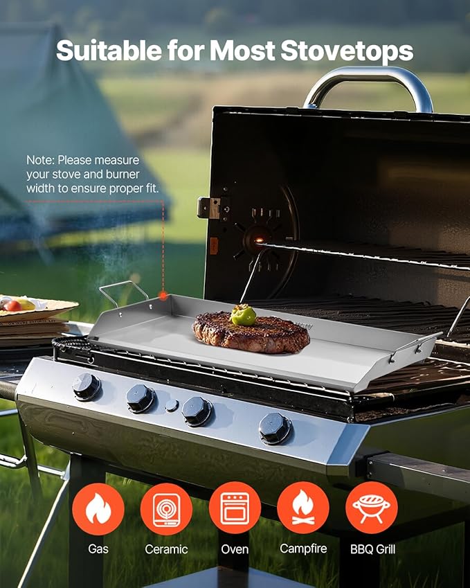 VEVOR Stainless Steel Griddle, 32x16 inch Universal Flat Top Rectangular Plate, Gas Grill Griddle for BBQ Grill, Teppanyaki, Portable Family Cookware with Handle, for Camping Tailgating Party