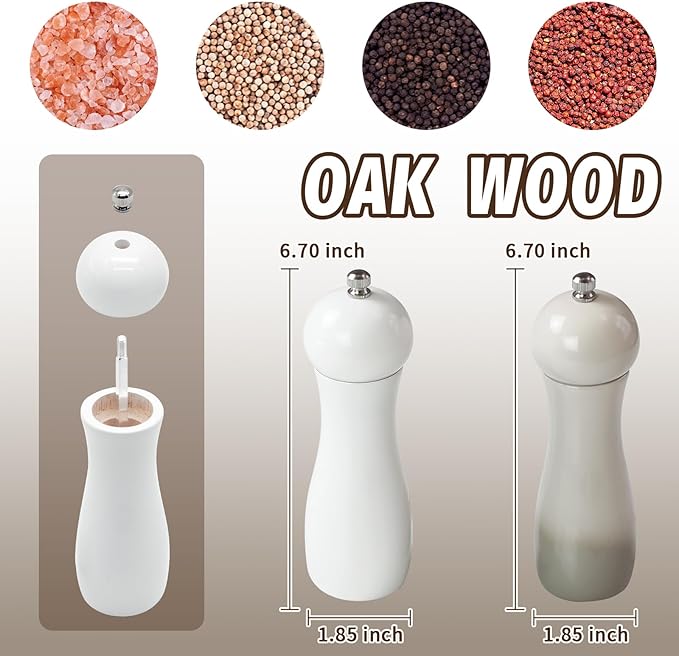 SHIKORI Manual Wooden Salt and Pepper Mills Shakers, 6.5 inch Salt and Pepper Grinders Set,Ceramic Rotor with Strong Adjustable Coarseness-Set-2 Pcs