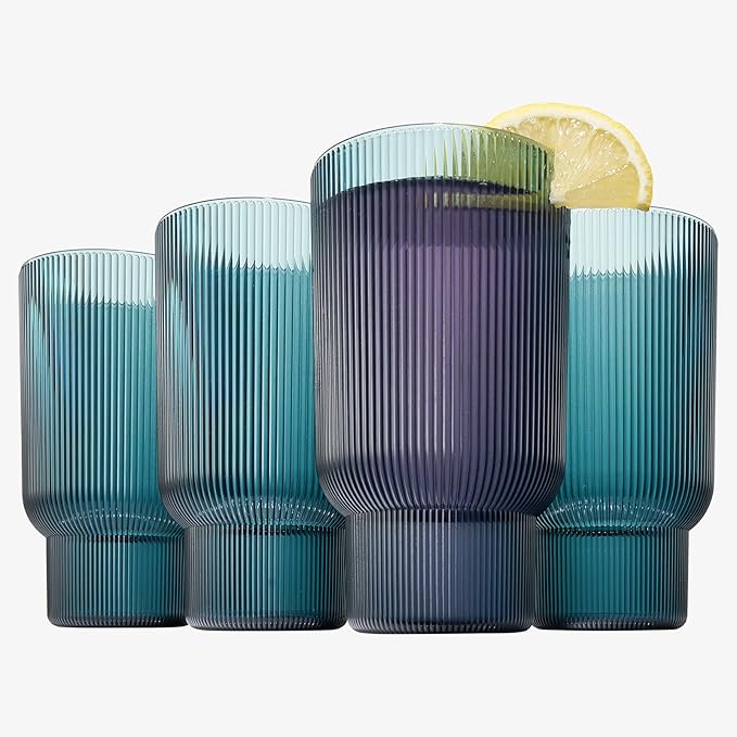 Shatterproof Acrylic Tall Drinking Glasses Set, European Style, Dishwasher Safe, Ribbed | Set of 4 | Fluted Tritan Drinkware, Unbreakable BPA-free Plastic, Reusable Stackable Glassware 14.5oz - Blue
