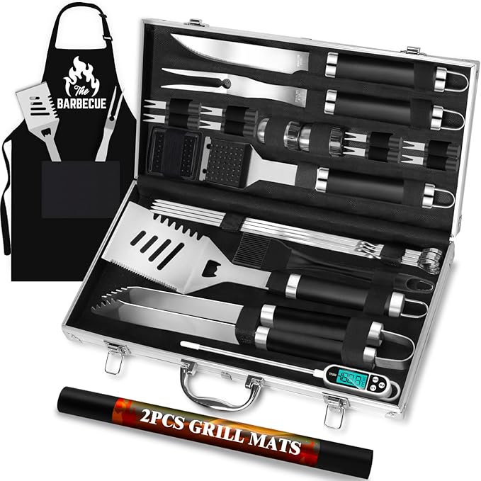 ROMANTICIST 26pcs Stainless Steel Grill Tool Set, Heavy Duty BBQ Grilling Accessories Gifts for Men Dad, Non-Slip Grill Utensils Kit with Apron, Thermometer, Mats in Aluminum Case for Christmas Black