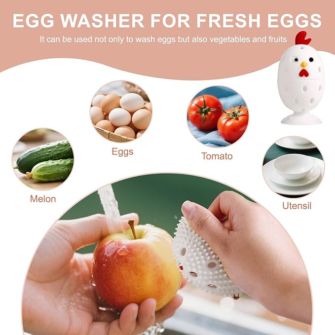wonlex 4PCS Egg Brush Cleaner Multipurpose Fruit and Vegetable Rotating Scrubber Tool for Fresh Eggs, Reusable Chicken Duck Egg Washer Scrubber (White+Yellow)