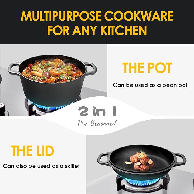 EDGING CASTING 2-in-1 Pre-Seasoned Cast Iron Dutch Oven Pot with Skillet Lid Cooking Pan, Cast Iron Skillet Cookware Pan Set with Dual Handles, Indoor Outdoor for Bread/Frying/Baking/Camping/BBQ, 5 Qt