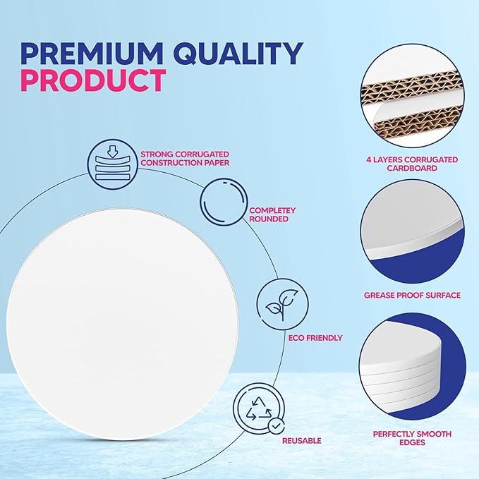 RICCLE Cake Boards - 8 Inch Cake Drums - Smooth-Edged Pack of 12 Cake Drums - Sturdy Cake Boards 8 Inch Round - Bend Resistant Multi-Layered Cake Base for Minimalist Displays