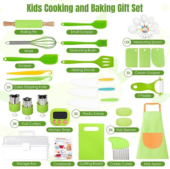 Kids Cooking Sets Real, 37PCS Kids Cooking and Baking Set with Storage Case Timer Kid Safe Knives Cutting Board, Toddler Kitchen Toys Birthday Gifts for Girls Boys Age 3 - 8