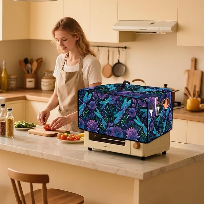 Dragonfly Lotus Print Toaster Oven Cover Compatible with Most Toaster Ovens, Heavy Duty Dust-proof Microwave Oven Cover for Kitchen Counter, Purple (Medium-16.1 * 19.71 * 10 inches)