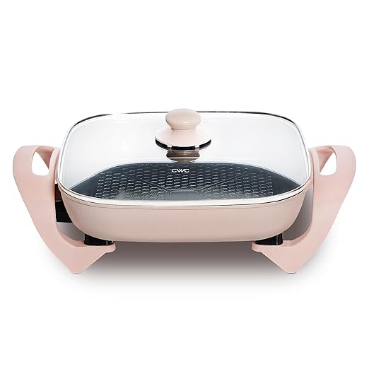 COOK WITH COLOR Electric Skillet - 12" x 12" Ceramic Nonstick Pan, PFAS-Free, 1400W, Tempered Glass Lid, Variable Temperature, Removable Heating Probe, Cool-Touch Handles, Blush