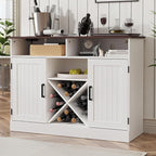 MHOM Farmhouse Coffee Bar Cabinet with Prower Outlets, Rustic Liquor Cabinet with Wine Rack, Wooden Wine Cabinet for Dining Room & Living Room, White