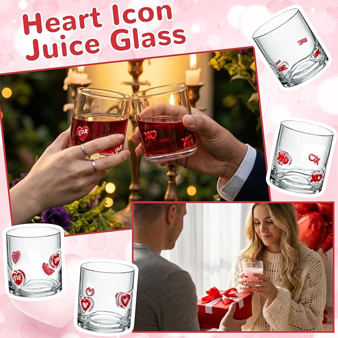 Skylety 8 Pcs Valentines Day Icons Juice Glasses Heart Love Drinking Cups Old Fashioned Stemless Wine Glasses 13.5 oz Whiskey Cocktail Coffee Mugs for Galentines Party Gift Decor