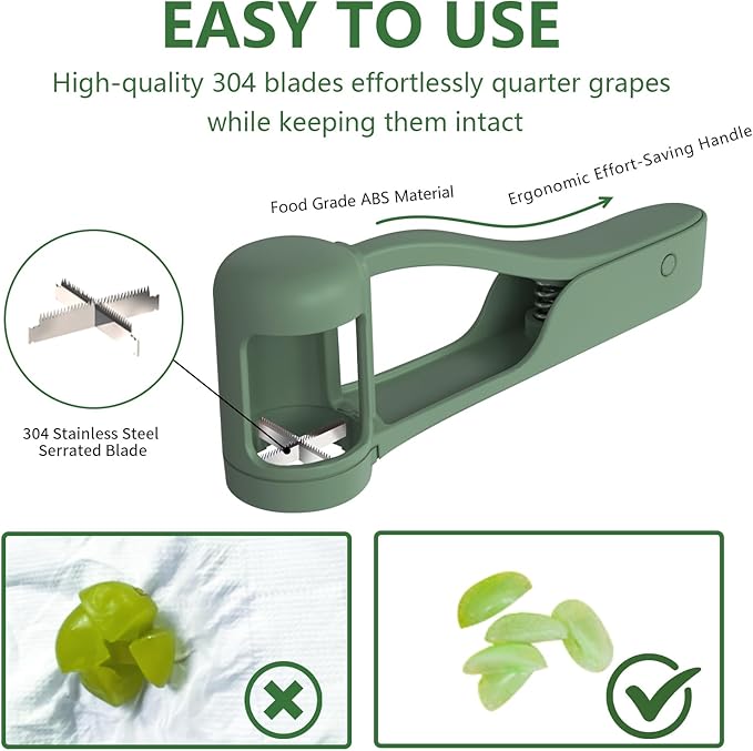Luvan Grape Cutter for Toddlers 1-3, Grape Slicer Kitchen Gadget for Vegetable Fruit Salad Cake Decor, Stainless Steel Baby Grape Quarter Cutter Tool for Cherry Tomato Strawberry Blueberry - Green