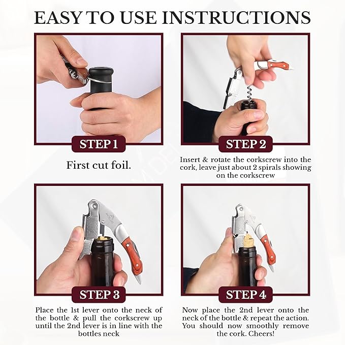 Waiters Corkscrew Wine Opener - Double-Hinged Fulcrum 3-In-1 Cork Screw Wine Bottle Opener Heavy Duty Stainless Steel & Pakka Wood. Serrated Foil Cutter. Beer Opener. Magnetic Gift Box