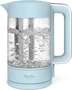 Martha Stewart Electric Kettle with Removable Stainless Steel Tea Infuser, Glass Carafe 1.7L (7 Cups), Hot Water Boiler, 4 Presets, Keep Warm & Auto Shut-Off, Cordless 360° Swivel Base, Sky Blue
