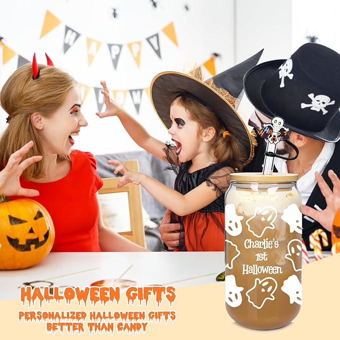ANOTION Personalized Halloween Cups Glass-Boo Basket Stuffers- Ghost Decorations Glass Cups Tumbler 18OZ -Halloween Gifts for Friend Son Daughter