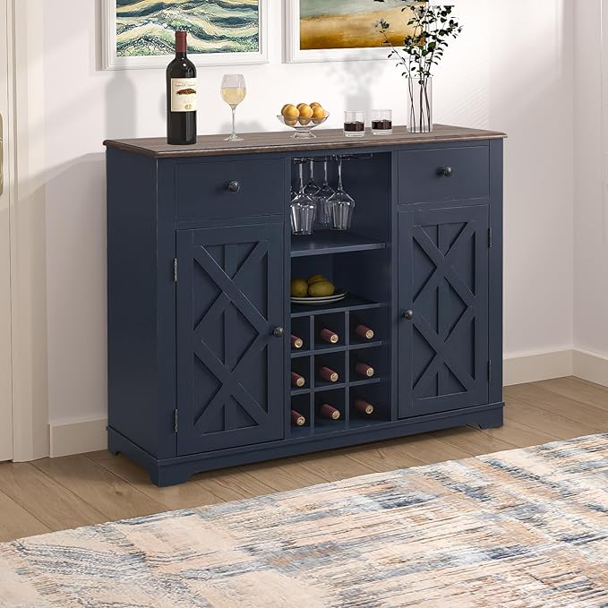 Rustic Wine Cabinet with Wine Rack and Lattice, Sideboard Buffet Cabinet with Drawers, Multifunctional Storage Cabinet for Kitchen, Dining Room, 47 Inch (Navy)