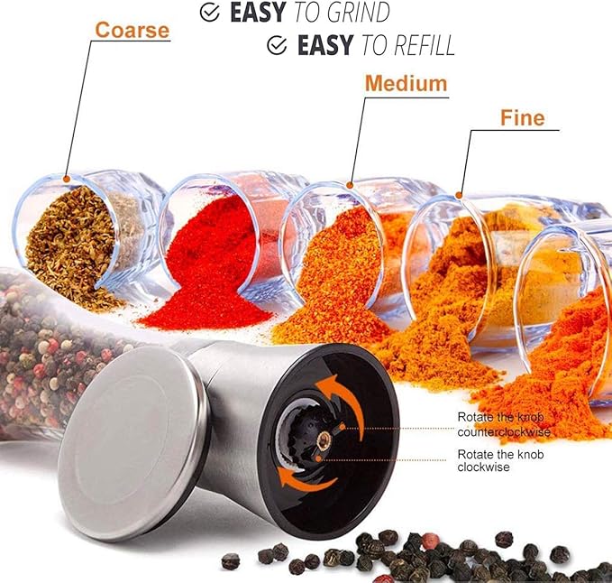 Elegant Pepper and Salt Grinder Set of 2, Best Spice Mill with Brushed Stainless Steel Cap, Ceramic Blades, Adjustable Coarseness, and Refillable Tall Glass Body with 6OZ Capacity (7.5").