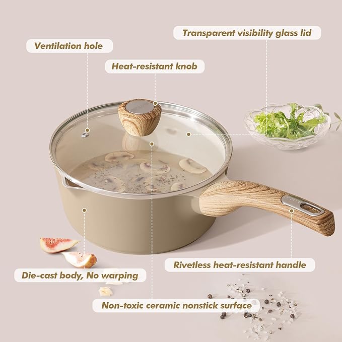 SENSARTE Ceramic Nonstick Sauce Pan with Lid, 1.5 Quart Small Saucepan, Cooking Pot with Stay Cool Handle, Non toxic Kitchen Sauce Pot, Non stick Saucier Pan, Induction Pot, PFOA PTFE PFAS PFOA Free
