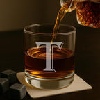 On The Rox (T-Monogram)- 4 Piece Set of 11 Ounce Engraved Heavy Base Rocks Glasses Elegant Glass-Multi-Purpose Beverage-Rocks Glass- Gift for any Occasion