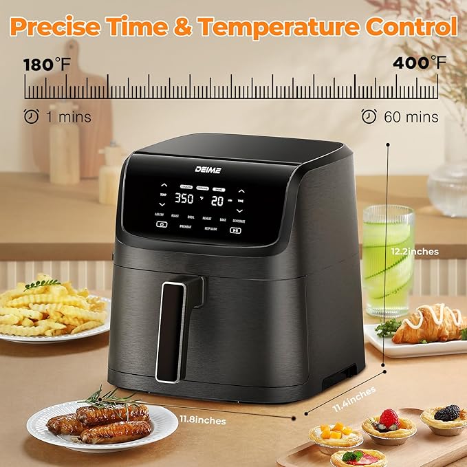 DEIME Air Fryer 7.2 QT 1700W Oilless Oven Healthy Cooker Air Fryers Large Capacity with 8 Presets, LCD Touch Screen, Customerizable Cooking, Non-Stick Basket (Black)