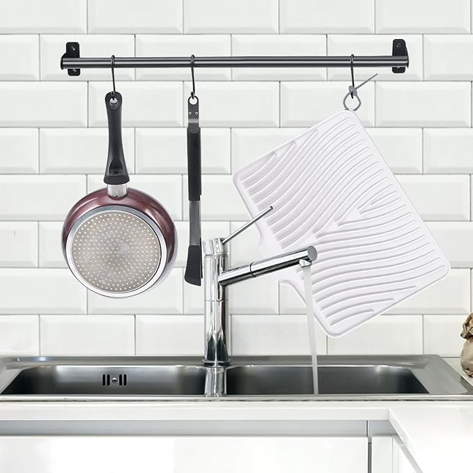 TIKNIK Silicone Dish Drying Mat, Stone Drying Mat for Kitchen Counter with Built-In Drain, Non-Slip Drain Pad with Built-in Drain, Heat Resistant Stone Drying Mat, Hangable, White-2pcs, 16" x 12"