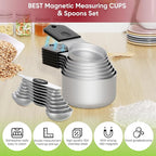 Magnetic Measuring Cups & Spoons Set|304 Stainless Steel Dual Scale Set of 15, Strong N52 Magnetic Nesting Design with Leveler, for Dry&Liquid Ingredients, Dishwasher Safe(Black)