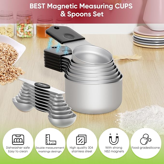 Magnetic Measuring Cups & Spoons Set|304 Stainless Steel Dual Scale Set of 15, Strong N52 Magnetic Nesting Design with Leveler, for Dry&Liquid Ingredients, Dishwasher Safe(Black)