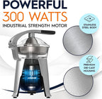 Eurolux Die Cast Stainless Steel Electric Citrus Juicer Squeezer, for Orange, Lemon, Grapefruit | 300 Watts of Power, With 2 Stainless Steel Filter Sizes for Pulp Control
