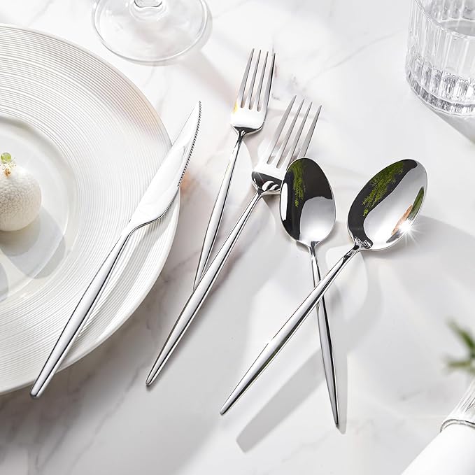 KINGSTONE Silverware Set, 60-Piece Flatware Set Cutlery Set Premium 18/10 Stainless Steel, Tableware Include Forks Knives Spoons for Home Kitchen Restaurant Wedding, Dishwasher Safe