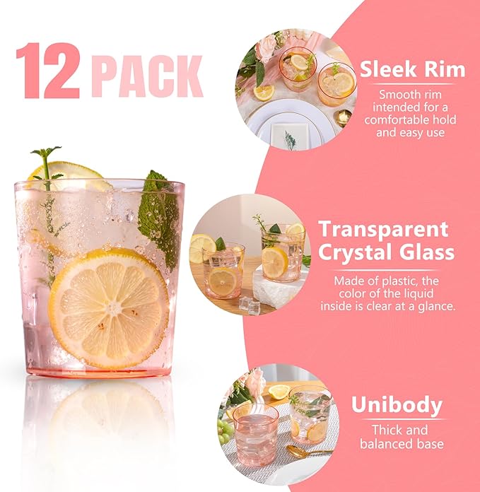 Liacere Plastic Drinking Glasses (Set of 12) 14 oz Pink Reusable Plastic Glasses Colors，Kitchen Water Glasses Cup,Bar Tumbler Glassware Set for Beer, Juice, Cocktail, Whiskey for Valentine’s Day