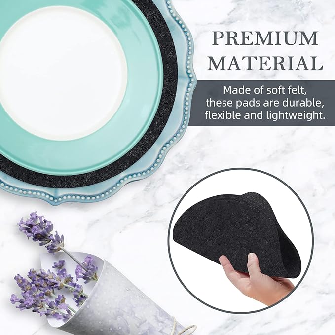 96 Pack Felt Plate Dividers Protectors, Thick Felt Round Plate Separators Pads China Dish Storage Protectors Pads with 3 Sizes for Packing Stacking Porcelain Cookware, Black